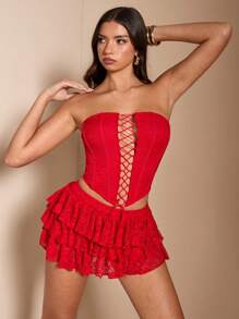 SHEIN BAE 2pcs/Set Women Solid Color Red Sexy Lace Hollow Out Bandeau Bra & Multi Layered Cake Mini Skirt Set, Suitable For Layering, Cocktail Party, Romantic Date, Nightclub, Gathering, Bridesmaid, Going Out, Halloween, Christmas, Valentine's Day - Red - View 9