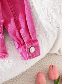 SHEIN Baby Girl Letter Embroidery Distressed Front Button Long Sleeve Jacket - Pink - View 6