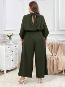 SHEIN Privé 大码女式纯色立领蝙蝠袖阔腿宽松优雅连体裤，适合通勤 - 軍綠色 - 查看 2