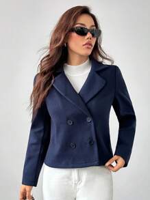 SHEIN PETITE 1件女款秋冬純色彼得潘領長袖雙排扣短版夾克，適合嬌小女性 - 藏蓝色 - 查看 7