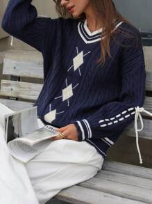 EMERY ROSE Women Vintage Oversized V-Neck Chunky Twist Pattern Color Block Sweater, Autumn/Winter Knit Pullover Fall - Multicolor - View 5