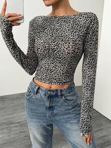 SHEIN EZwear 女士新款豹纹露背长袖修身 T 恤 - 灰色 - 查看 2