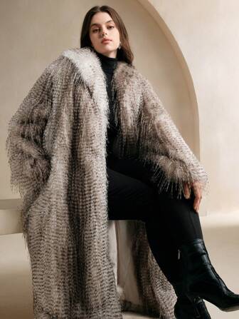 Anewsta Oversize Mode Flauschiger & Leder Mantel, eleganter Damenstil, Neuankömmling für Herbst/Winter