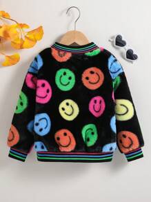SHEIN Princess-Style Girls Long Sleeve Baseball Jacket,Multicolor Cartoon Happy Face Design,Autumn,Career Day,Fuzzy Fleece Coat For School & Everyday Wear - Black - View 2