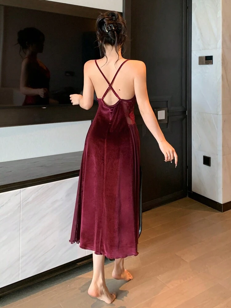Translucent Mesh Lace Panel Velvet Satin Slip Nightgown, Sexy Red Women Dresses Pajama,New Year