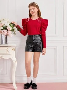 SHEIN Leap Crew Tween Girls' Pearl Decorated Puff Sleeve Crew Neck Pullover T-Shirt - Red - View 9