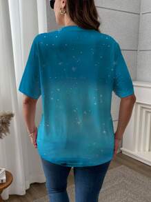 大码蝴蝶印花渐变色 T 恤、图案 T 恤、女式夏季上衣 - 彩色 - 查看 2