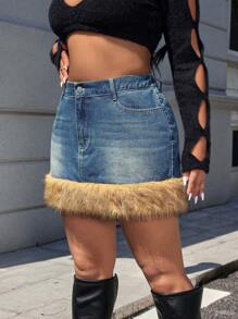 SHEIN EZwear 大码蓬松装饰口袋休闲保暖百搭牛仔 A 字裙 - 藍色 - 查看 6