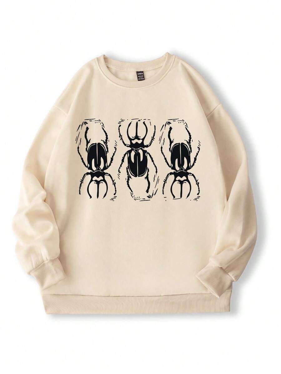 SHEIN Unity 女士休闲日常简约甲虫印花卫衣，秋季套头衫 - 米色 - 查看 1