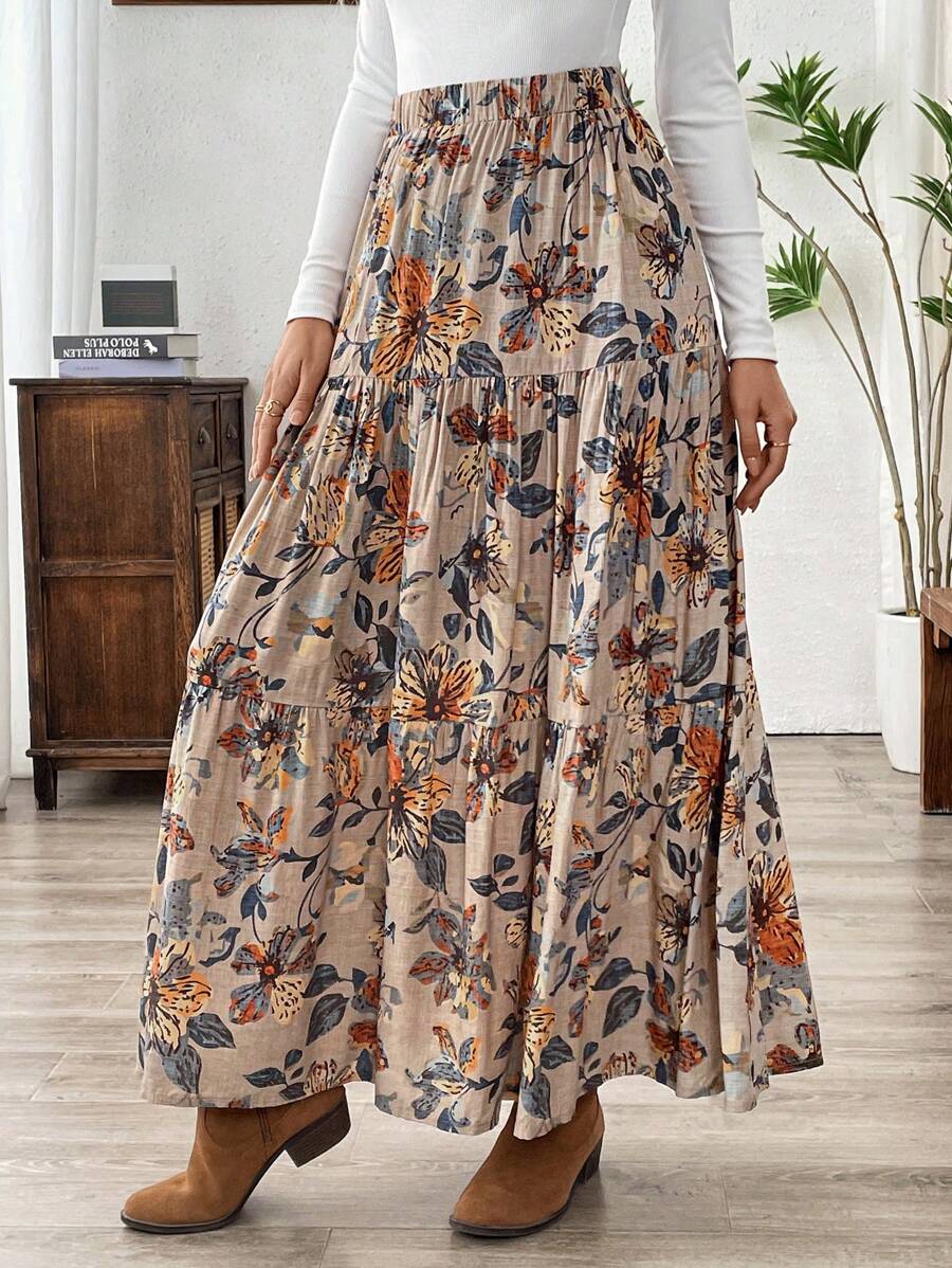 EMERY ROSE Falda holgada de línea A con cintura elástica, estampado floral y volante en el bajo para mujer, otoño - Multicolor - Ver 1