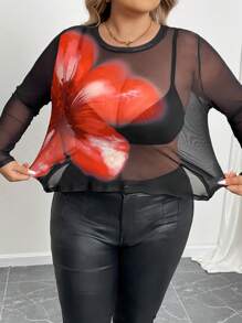 SHEIN CURVE+ Plus Size Floral Printed Sheer Stretchy T-Shirt - Black - View 8