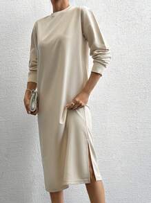 RueChic Solid Split Hem Sweatshirt Dress - Beige - View 6