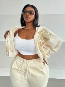 大码亮片拼布抽绳连帽夹克，秋季 - 杏色 - 查看 2