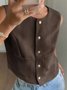 Livesso 1 pieza Chaqueta ajustada sin mangas de cuello redondo de unicolor para mujer, ropa de mujer para otoño