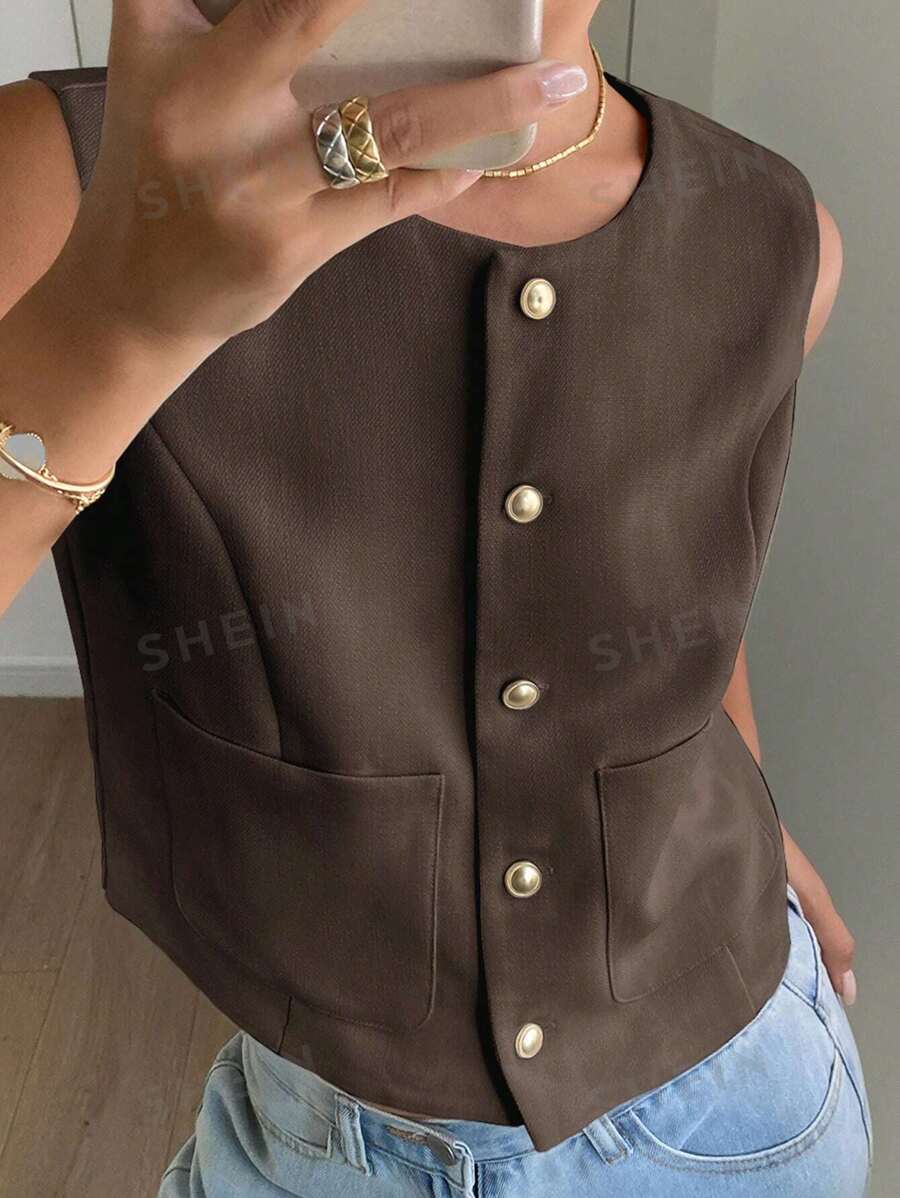 Livesso 1 pieza Chaqueta ajustada sin mangas de cuello redondo de unicolor para mujer, ropa de mujer para otoño