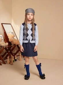PrepCrw Young Girl Casual Diamond Pattern Button-Up Cardigan, Suitable For Autumn/Winter - Blue - View 9