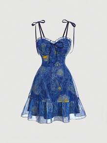 SHEIN MOD 加大码复古宫廷风格海军蓝梵高星空画印花女士连衣裙，适合舞会、派对、连衣裙套装 - 藍色 - 查看 5