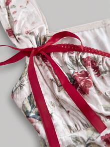 SHEIN MOD 大码复古天鹅绒花卉印花、领结蕾丝装饰鱼尾下摆连衣裙 - 彩色 - 查看 4