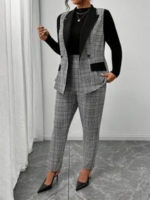 SHEIN Frenchy Bộ đồ vest nữ cổ đứng họa tiết Houndstooth cỡ lớn, không tay và quần dài, mặc đi làm thường ngày, mùa thu, trang phục đi nhà thờ - Đen và trắng - Xem 7