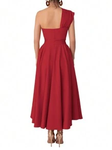 Women's Summer Elegant Solid Color Asymmetric Collar Split Long Dress - Red - View 3