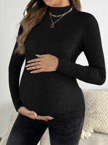 SHEIN Maternity Casual Everyday Commute Simple Solid Color Stand Collar Slim Fit Pullover Sweater, Autumn/Winter - Black - View 5