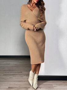 Chiquease Vestido jersey de manga larga con cuello en V cruzado de unicolor