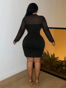 Slaydiva Vestido corto de manga larga con cuello alto falso, contraste de malla y ajuste elegante y estilizado en talla grande - Azul - Negro - Ver 3