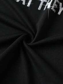 SHEIN EZwear 女士标语印花圆领短袖短款休闲 T 恤图案 T 恤女式上衣 - 黑色 - 查看 3