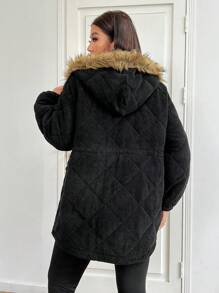 SHEIN EZwear 大码女式保暖棕色棉质夹棉大衣，蓬松、柔软、保暖、绗缝，适合寒冷天气、秋冬季 - 棕色 - 查看 2