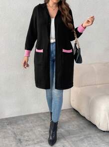 SHEIN LUNE Chaqueta informal tipo cárdigan de manga larga con bolsillo tipo canguro, cuello con capucha y ribete de contraste de talla grande