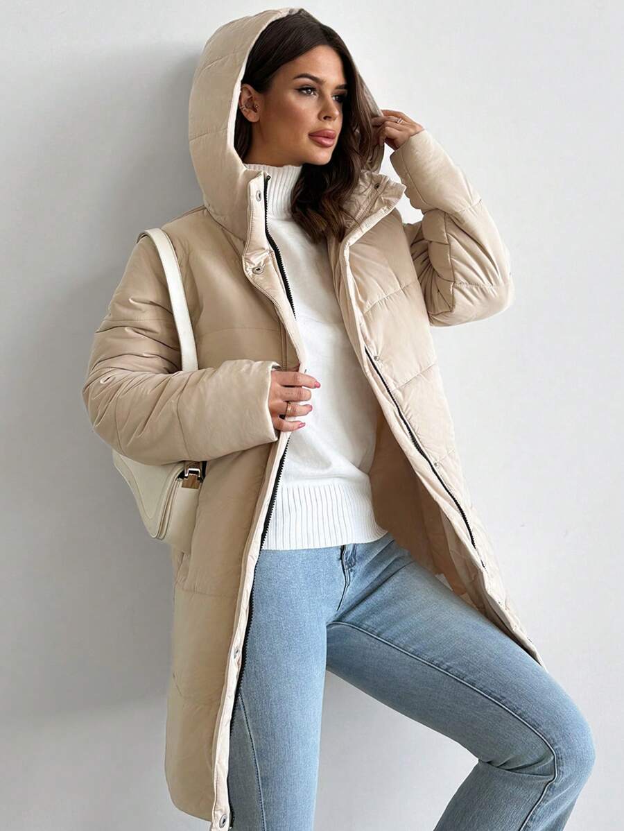 SHEIN Privé New Autumn/Winter Casual Versatile Warm Thermal Lined Hooded Long Winter Coat In Apricot - Apricot - View 1