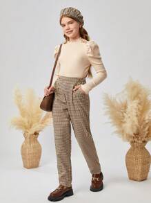 SHEIN Tween Girl Ruffle Trim Tee & Gingham Print Trousers & Hat - Multicolor - View 9