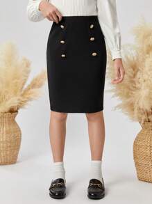 SHEIN Leap Crew Minifalda de cintura alta, de ajuste ceñido y unicolor con doble botón, estilo universitario para niñas preadolescentes - Negro - Ver 5