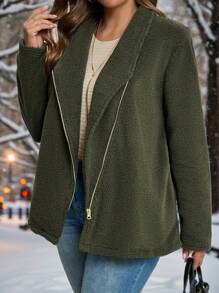 EMERY ROSE 大码秋季曲线感恩节女士毛绒纯色前拉链长袖休闲外套 - 橄欖綠 - 查看 1