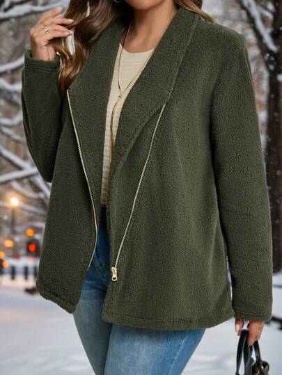 Giacca casual da donna in taglia comoda, in colore solido morbido, con zip frontale e maniche lunghe, adatta per l'autunno e il Ringraziamento