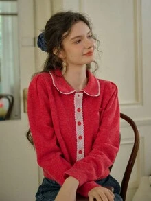 Simple Retro Women's Peter Pan Neck Patchwork Lace Sweater Cardigan - Red - View 8