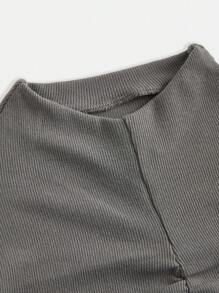 SHEIN Teenage Girls' Versatile Casual Dark Grey Two-Sided Fleece Stand Collar Ruched Long Sleeve T-Shirt - Dark Grey - View 3