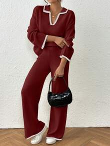 女士休闲落肩宽松V领撞色绑带毛衣和宽松阔腿针织裤套装 - 酒紅色 - 查看 3