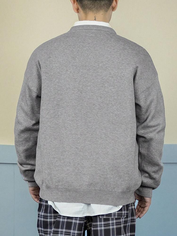 Men's Casual Letter Print Round Neck Drop Shoulder Long Sleeve Sweater, Autumn