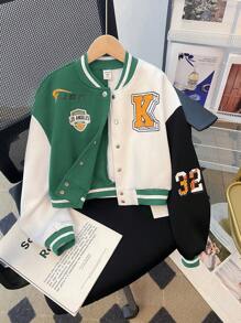 Tween Girls Casual Short Loose Contrast Badge Print Bomber Jacket - Green - View 3