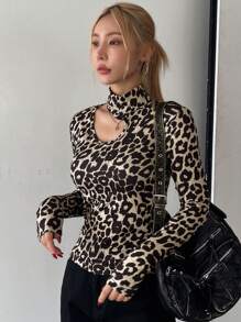 DAZY 1pc Women Leopard Print Asymmetrical Neck Slim Fit Sexy Long Sleeve T-Shirt,Fall Clothes - Coffee Brown - View 8