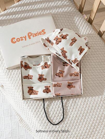 Cozy Pixies Babyflickors 5-delat set: Stickad mjuk 3D-mössa med tecknad björn, bodysuits, haklapp, lämplig för vår/höst inomhus, utomhus fritid, fester och andra tillfällen
