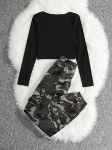 SHEIN Leap Crew 青少年女孩黑色针织方脸长袖短款上衣和迷彩工装口袋抽绳踝裤 2 件套 - 軍綠色 - 查看 2