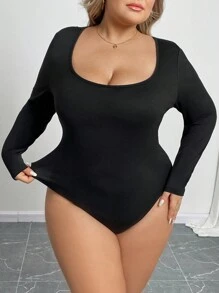 SHEIN CURVE+ Plus Size Plain Crew Neck Tight Fitting Sexy Long Sleeve Bodysuit