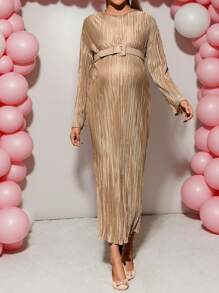 Loomaby Maternity Elegant Round Neck Long Sleeve Belted Dress, Graceful Design - Olive Green - View 3