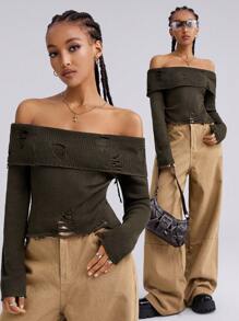 SHEIN EZwear Women's Fall/Winter Y2K Western Flannelette Cut Out Off Shoulder Sweater,Music Festival - Army Green - View 2