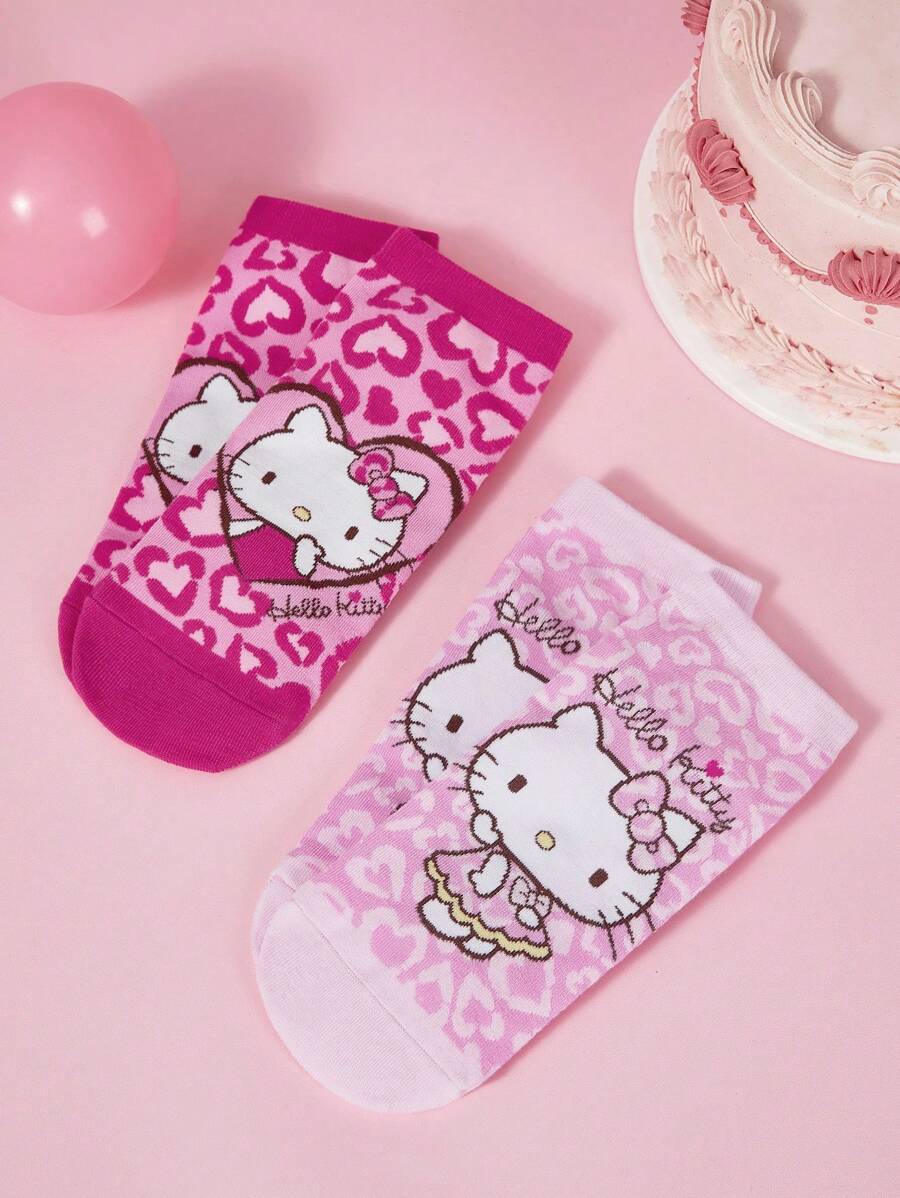 HELLO KITTY AND FRIENDS | SHEIN 2 Pairs Women Cartoon And Heart Leopard Printed Ankle Socks - Multicolor - View 1