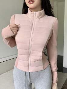DAZY 基本款女式纯色拉链长袖棉衣，冬季夹克 - 粉色 - 查看 5