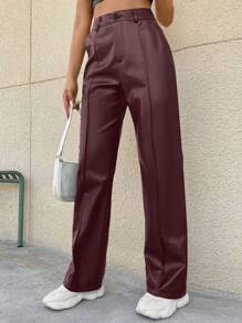 SHEIN EZwear Quần ống đứng túi màu trơn cho nữ bằng da PU thường ngày - Màu Đỏ Sâu - Xem 3