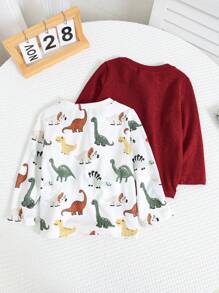 SHEIN Leap Crew Set de 2 piezas con parte superior de manga larga con estampado de dinosaurio lindo y parte superior de manga larga de unicolor para niño/niña, ropa casual de uso diario, apta para primavera, otoño e invierno - Multicolor - Ver 2
